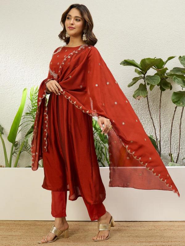 VP 9876 R Women's Rust Red Embroidered Neckline Anarkali Kurta Set